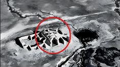 an aerial photo with a red circle in the middle and black and white photograph below