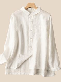 Women's Cotton Linen Shirt Lapel Collar Front Pocket Ladies Linen Vintage Blouse Top Relaxed Fit Blouse With Collar, Plain Collared Tops For Spring, Plain Collared Blouse For Spring, Classic Plain Blouse For Spring, Casual Collared Linen Tops With Pockets, Relaxed Fit Blouse With Pockets And Collar, Relaxed Fit Plain Blouse, Relaxed Fit Collar Top With Button Closure, Daywear Top With Placket