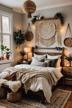 a bedroom with a large bed and lots of plants on the wall above it,