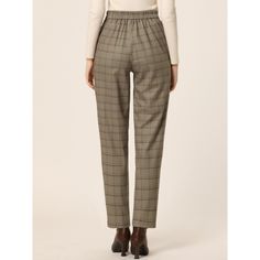 Retro and classic, this pant style with softly plaid fabric and an elastic waist. Plaid Pattern, is stylish and can be paired with blouses, sweaters, jackets, blazers, and overcoats. Perfectly pair with tops and casual shoes for a vintage and fashionable look. A classic plaid motif adds timeless sophistication to long pants with an easy design. Suitable for Casual, Street, Dating, Party, Weekend Gatherings, Holidays, and Daily Wear. Brown Pull-on Pants For Fall, Brown Pull-on Bottoms For Fall, Beige Pants With Elastic Waistband For Fall, Brown Pull-on Style Bottoms For Fall, Fall Brown Pull-on Bottoms, Brown Pants With Elastic Waistband For Fall, Pull-on Business Casual Pants For Fall, Business Casual Pull-on Pants For Fall, Relaxed Fit Plaid Pants For Fall