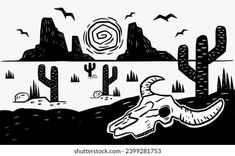 an animal skull in the desert with cactus trees and birds flying around it, black and white drawing