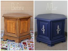 before and after photos of an old nightstand turned into a side table or end table