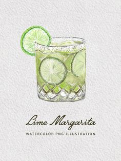 a watercolor drawing of a lime margarita cocktail