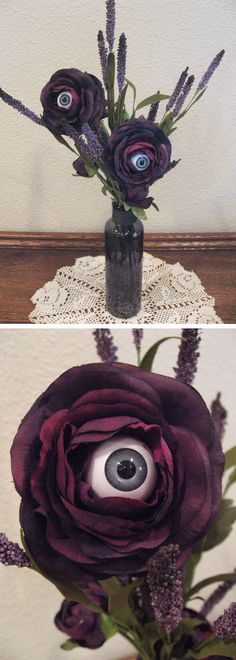 two pictures of purple flowers in a vase with an eyeball on the top and bottom