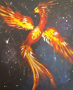 a painting of a red and yellow bird flying through the air with stars in the background