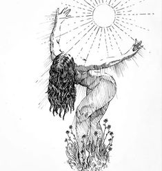 a black and white drawing of a woman dancing with the sun shining above her head