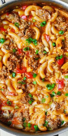 a skillet filled with pasta and meat in tomato sauce, topped with green onions