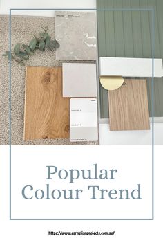 the words popular color trend are in front of some different paint colors and flooring materials