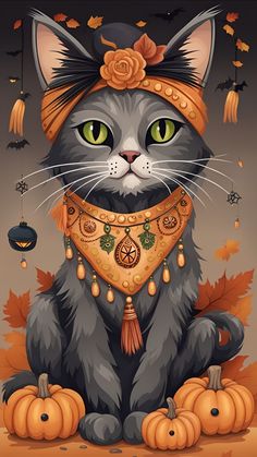 a gray cat wearing a bandana and pumpkins