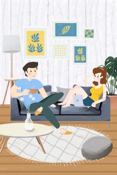 a man and woman sitting on a couch in a living room