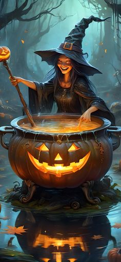 a witch stirring a caulder full of pumpkins