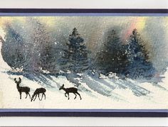 two deer in the snow with trees and sky behind them, painted on a card