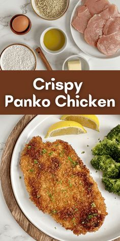 crispy panko chicken on a white plate with broccoli and other ingredients