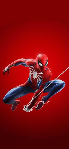 the amazing spider - man is flying through the air in front of a red background