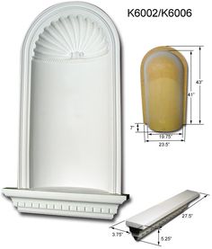 a white wall mounted mirror next to a yellow door and window sill with measurements