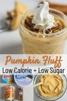 pumpkin fluff low calorie and low sugar recipe in a jar with text overlay