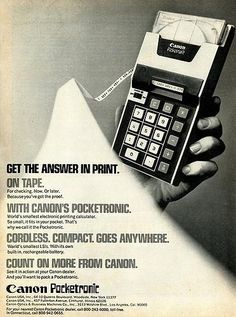 an advertisement for canon's pocketronic calculator from the 1970's