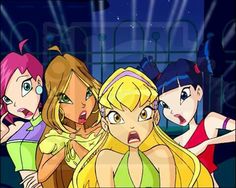 four cartoon characters are standing together in front of a window and one has her mouth open