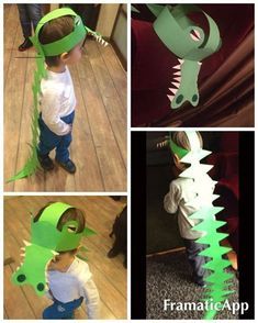 four photos of a child wearing a paper dinosaur costume