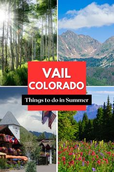 the mountains, trees and flowers are featured in this collage with text that reads vail colorado things to do in summer