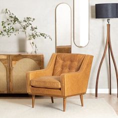 a living room with a chair, mirror and plant on the wall next to it