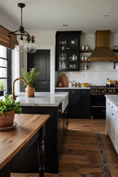 a large kitchen with black cabinets and white counter tops, wooden flooring and a potted plant on the island