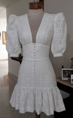 White Lace Mini Dress With Broderie Anglaise, White Eyelet Mini Length Dress, White Eyelet Fitted Mini Dress, White V-neck Dress With Broderie Anglaise, White V-neck Mini Dress With Broderie Anglaise, Western Dresses, Elegant Outfit