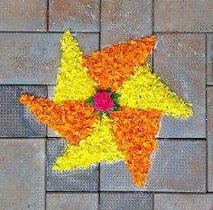 a star made out of flowers on the ground