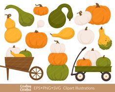 pumpkins, gourds and squash clipart illustrations with wheelbarrow on white background