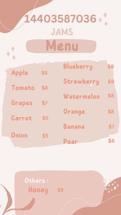 the menu for jams menu is shown in pastel pink and peach tones, with an