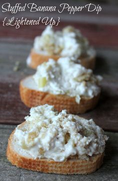 stuffed banana pepper dip is lightened up and ready to be eaten on toasted bread