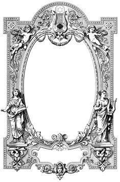 an ornate frame with angels and chers in the center, vintage line drawing or engraving