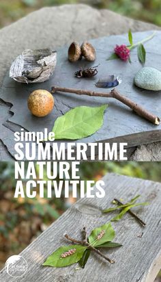 some rocks and leaves on top of a wooden table with text overlay that reads simple summertime nature activities