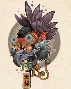 Tengu Tattoo Design, Tengu Tattoo, Japanese Demon Tattoo, Fake Skin Tattoo, Japanese Oni Mask, Japanese Flower Tattoo