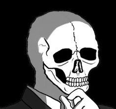 a skeleton wearing a suit and tie with his hand on his chin, looking at the camera