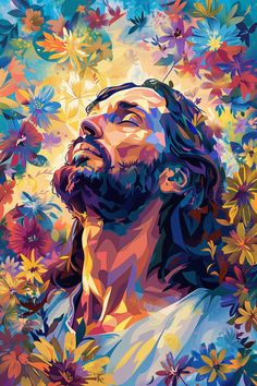 a painting of jesus surrounded by flowers and leaves, with his eyes closed to the sky