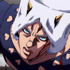 an anime character with white hair and blue eyes looking at the camera while he's staring