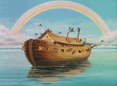 a painting of a boat with animals on it floating in the water under a rainbow