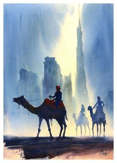 a painting of people riding horses in the rain on a city street with tall buildings behind them