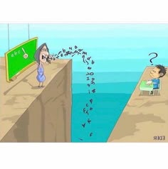 a cartoon depicting a person standing on a cliff with a chalkboard in the background