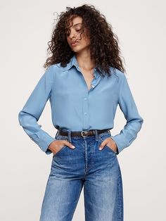 The Perfect Silk Shirt | Banana Republic Professional Wear, Silk Charmeuse, Silk Shirt, Perfect Shirt, Blue Shirt, Hip Length, Aesthetic Clothes, Womens Clothing Tops, Chic Outfits