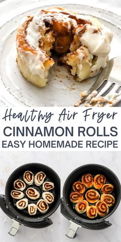 two cinnamon rolls in black pans on a white table with text overlay reading healthy air fryer cinnamon rolls easy homemade recipe