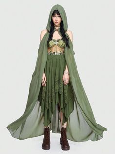 ROMWE Fairycore Women's Vintage Hooded Cape Coat, Forest Elf Queen Style | SHEIN USA Elf Dress Aesthetic, Forest Fairy Outfit, Forest Aesthetic Outfit, Romwe Fairycore, Forest Outfit, Queen Cape, Druid Costume, Elf Queen, Fair Costume