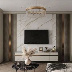 an elegant living room with marble walls and white furniture, chandelier above the tv