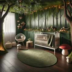 a baby's room decorated in green and white with trees on the wall, lights strung from the ceiling