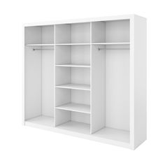 an empty white closet with shelves and doors