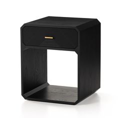 the side table is made from black wood and has an open drawer on one side