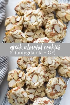 some almond cookies on a cooling rack with the words greek almond cookies amyglata - gf