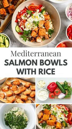 mediterraneann salmon bowls with rice and vegetables