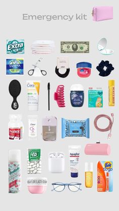 the contents of an emergency kit laid out on top of each other, including toiletries, hand sanitizers and eyeglasses